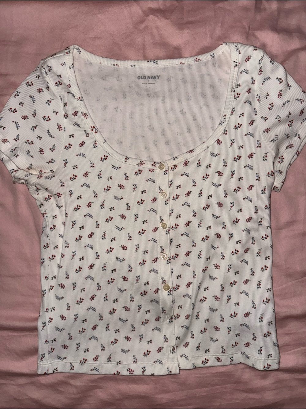 Old Navy White Ribbed Crop Top with Red Floral Print